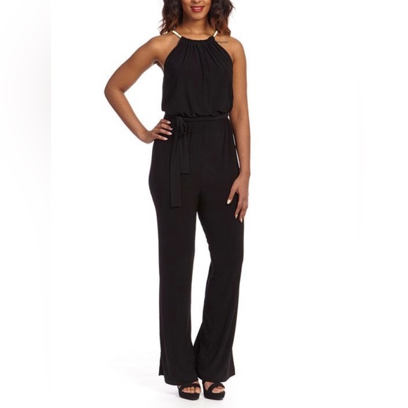 Emma & Michelle black jumpsuit with gold necklace size Large - Picture 2 of 7